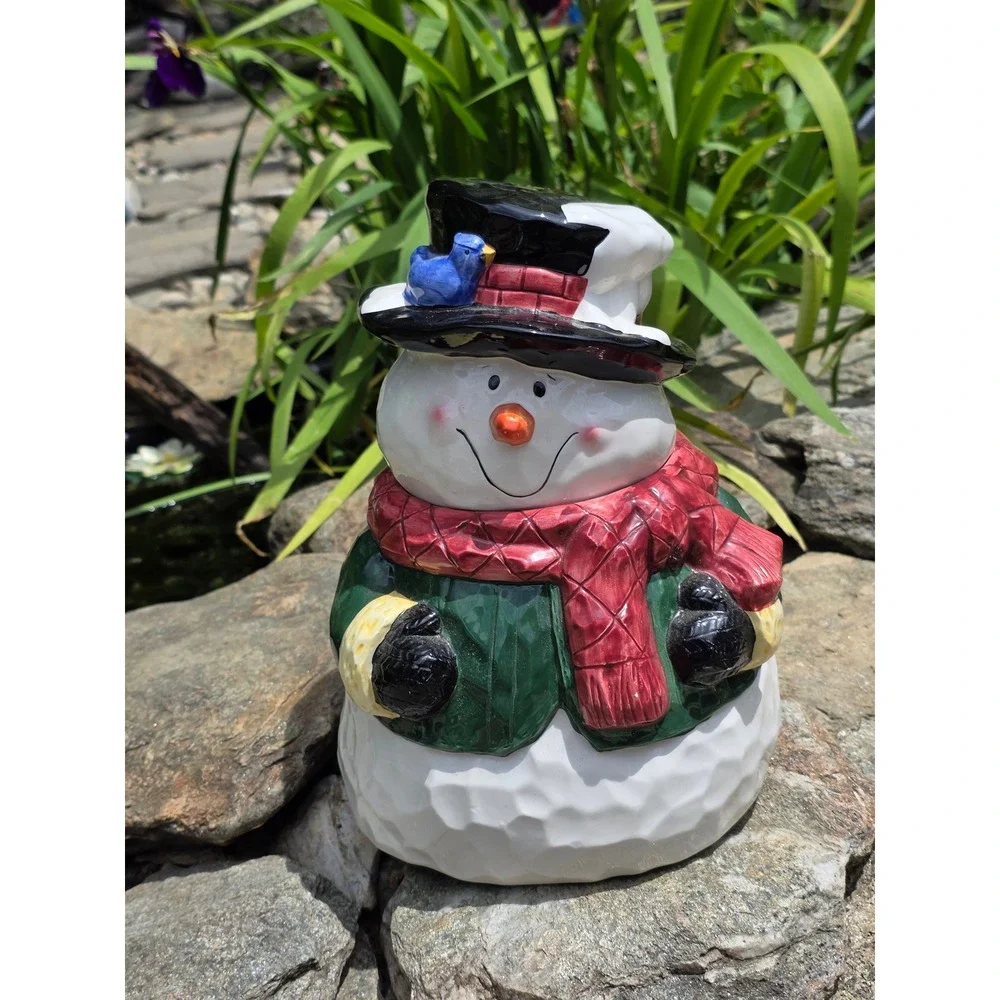 Fantasy Ltd Christmas Snowman Ceramic Cookie Jar Blue Bird Top‎ Hat Red Scarf